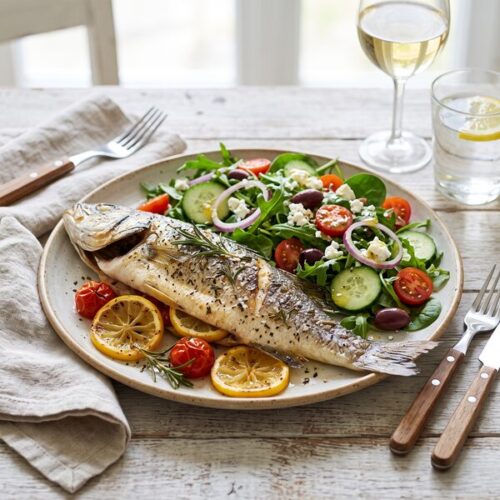 Poisson grillé, accompagné de salade