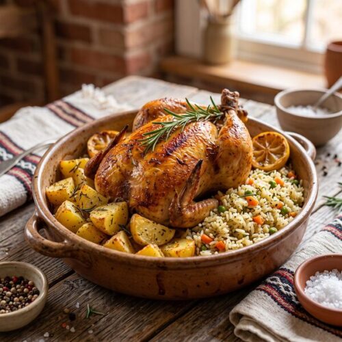 Poulet rôti au four avec riz ou pommes de terre
